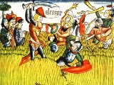 David and his group of strong fighting men standing their ground in a barley-field while the rest of the army fled - a coloured woodcut from the Nuremburg Bible, 1483